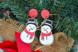 Hand-Painted Wood Earrings- Caroling Snowman