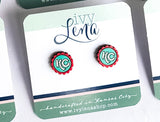 Handcrafted Wood Stud Earrings- KC Round Ruffles- Teal