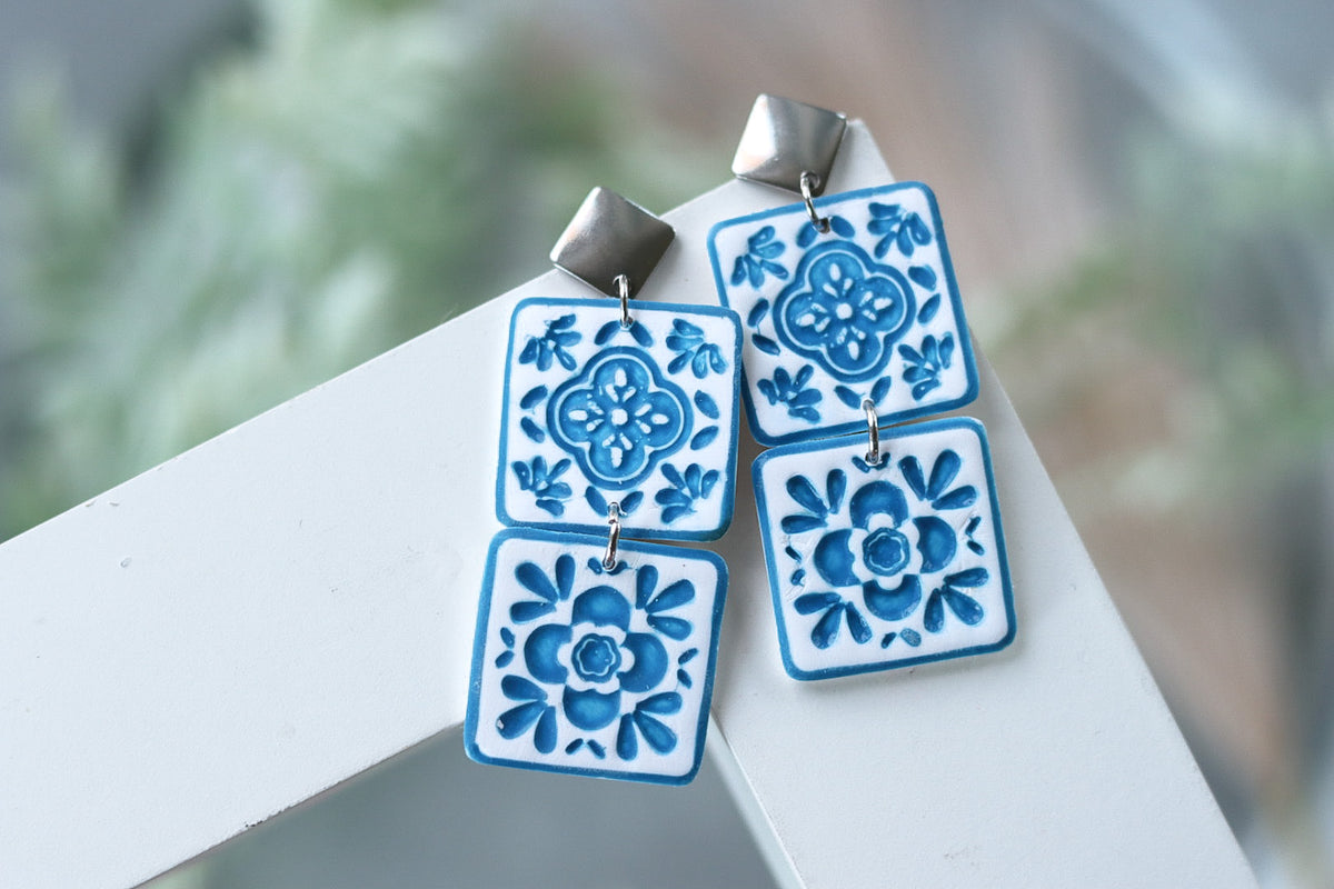 Handcrafted Polymer Clay Earrings- Blue Tile – Ivy Lena