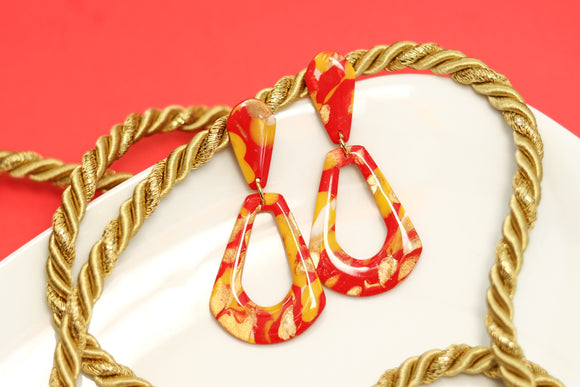 Handcrafted Polymer Clay Earrings-Red, Yellow, & Gold Marble