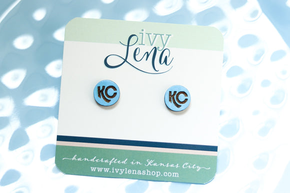 Handcrafted Wood Stud Earrings- Light Blue KC Circles