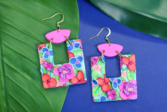 Handcrafted Polymer Clay Earrings- Fuchsia Floral