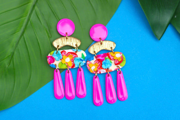 Handcrafted Polymer Clay Earrings- Fuchsia Floral