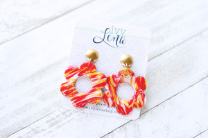 Handcrafted Polymer Clay Earrings- Red, White, & Yellow Marble Flower