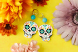 Handcrafted Polymer Clay Earrings- Teal Sugar Skulls