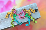 Handcrafted Wood Earrings- Dancing Neon Skeletons