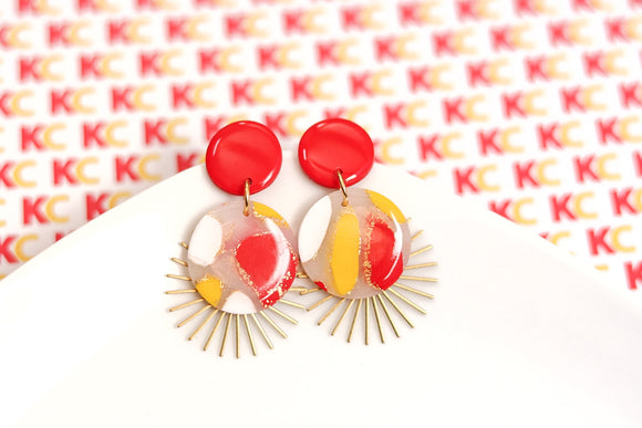 Handcrafted Polymer Clay Earrings-Red, White, & Yellow Spots- Round