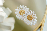 Handcrafted Polymer Clay Earrings- Gold & White Large Flower Studs