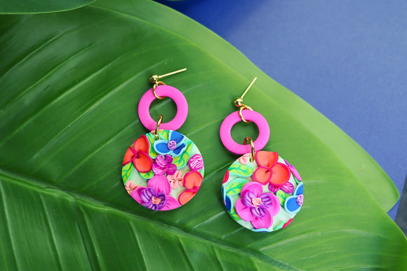 Handcrafted Polymer Clay Earrings- Fuchsia Floral Circle