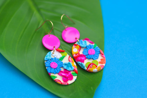 Handcrafted Polymer Clay Earrings- Fuchsia Floral