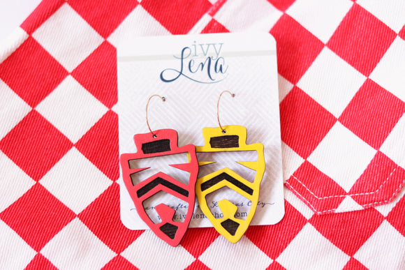 Handcrafted Wood Earrings- Red & Yellow Arrowhead