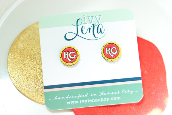 Handcrafted Wood Stud Earrings- KC Round Ruffle- Red