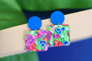 Handcrafted Polymer Clay Earrings- Fuchsia Floral Square