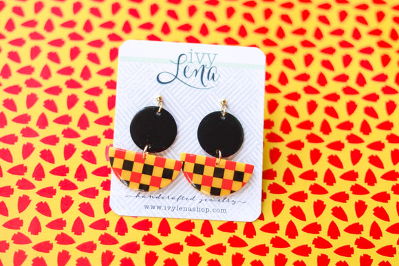 Handcrafted Polymer Clay Earrings - Red, Yellow, & Black Checkers