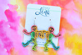 Handcrafted Wood Earrings- Dancing Neon Skeletons