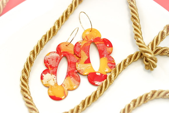 Handcrafted Polymer Clay Earrings-Red, Yellow, & Gold Marble