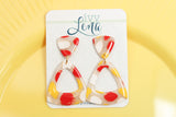 Handcrafted Polymer Clay Earrings-Red, White, & Yellow Spots- Triangle