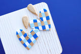 Handcrafted Polymer Clay Earrings- Blue & Gold Checkered