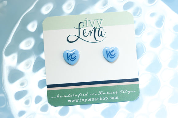 Handcrafted Polymer Clay Stud Earrings- Blue KC Hearts