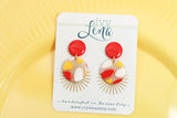 Handcrafted Polymer Clay Earrings-Red, White, & Yellow Spots- Round