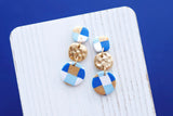 Handcrafted Polymer Clay Earrings- Blue & Gold Checkered