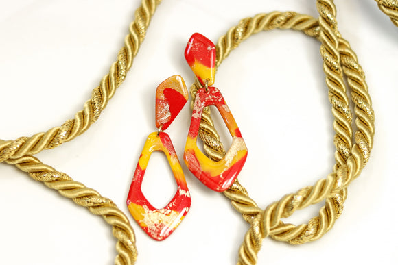 Handcrafted Polymer Clay Earrings-Red, Yellow, & Gold Marble