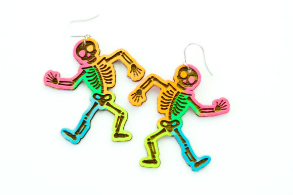 Handcrafted Wood Earrings- Dancing Neon Skeletons