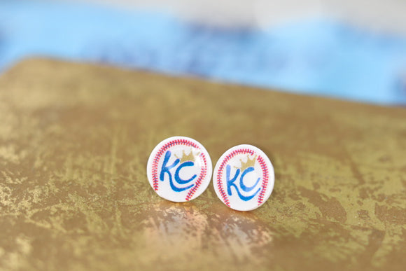 Handcrafted Polymer Clay Stud Earrings- KC Baseball