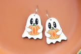 Handcrafted Wood Earrings- Pumpkin Ghost