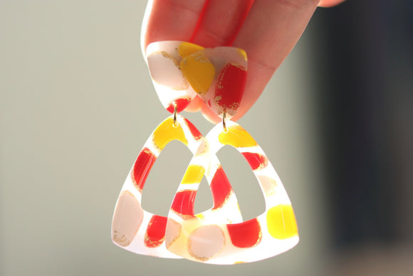 Handcrafted Polymer Clay Earrings-Red, White, & Yellow Spots- Triangle