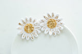 Handcrafted Polymer Clay Earrings- Gold & White Large Flower Studs