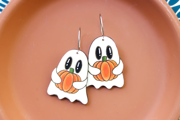 Handcrafted Wood Earrings- Pumpkin Ghost