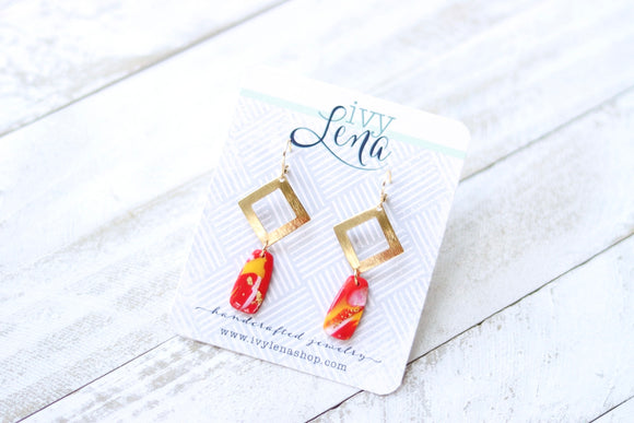 Handcrafted Polymer Clay Earrings- Red and Yellow Marble