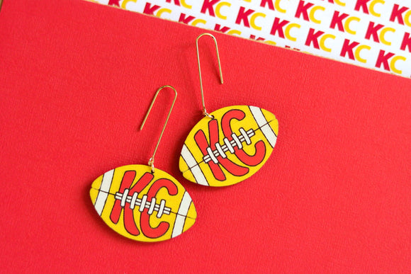 Handcrafted Wood Earrings- Yellow KC Football