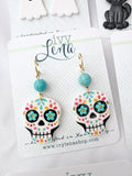 Handcrafted Polymer Clay Earrings- Teal Sugar Skulls