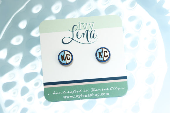Handcrafted Wood Stud Earrings- KC Split Circle- Blue