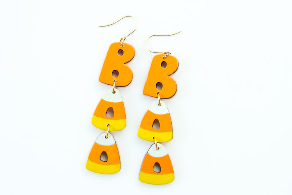 Handcrafted Wood Earrings- Candy Corn Boo