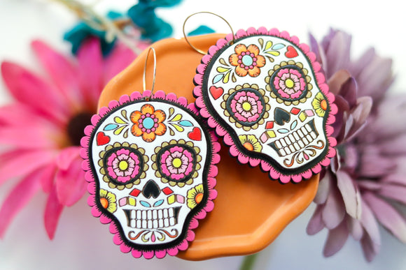 Handcrafted Wood Earrings- Sugar Skulls