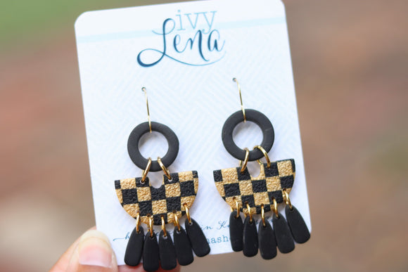 Handcrafted Polymer Clay Earrings- Black & Gold Checker