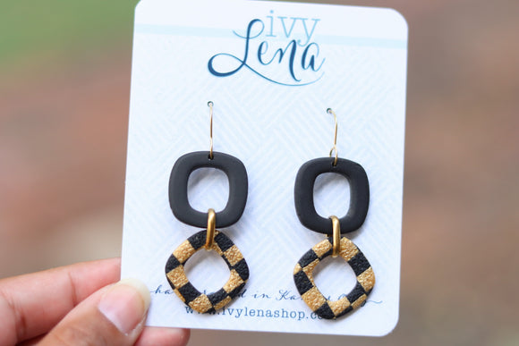 Handcrafted Polymer Clay Earrings- Black & Gold Checker