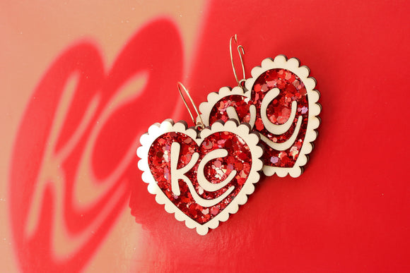 Handcrafted Wood Earrings- KC Ruffle Glitter Heart