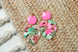 Handcrafted Polymer Clay Earrings- Pink & Green Monstera