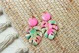 Handcrafted Polymer Clay Earrings- Pink & Green Monstera