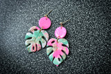 Handcrafted Polymer Clay Earrings- Pink & Green Monstera