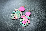 Handcrafted Polymer Clay Earrings- Pink & Green Monstera