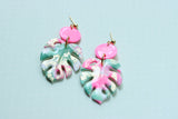 Handcrafted Polymer Clay Earrings- Pink & Green Monstera