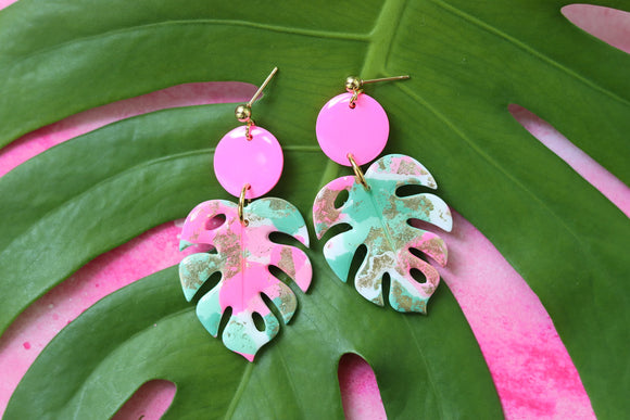 Handcrafted Polymer Clay Earrings- Pink & Green Monstera