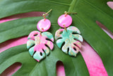 Handcrafted Polymer Clay Earrings- Pink & Green Monstera