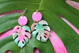 Handcrafted Polymer Clay Earrings- Pink & Green Monstera