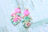 Handcrafted Polymer Clay Earrings- Pink & Green Monstera